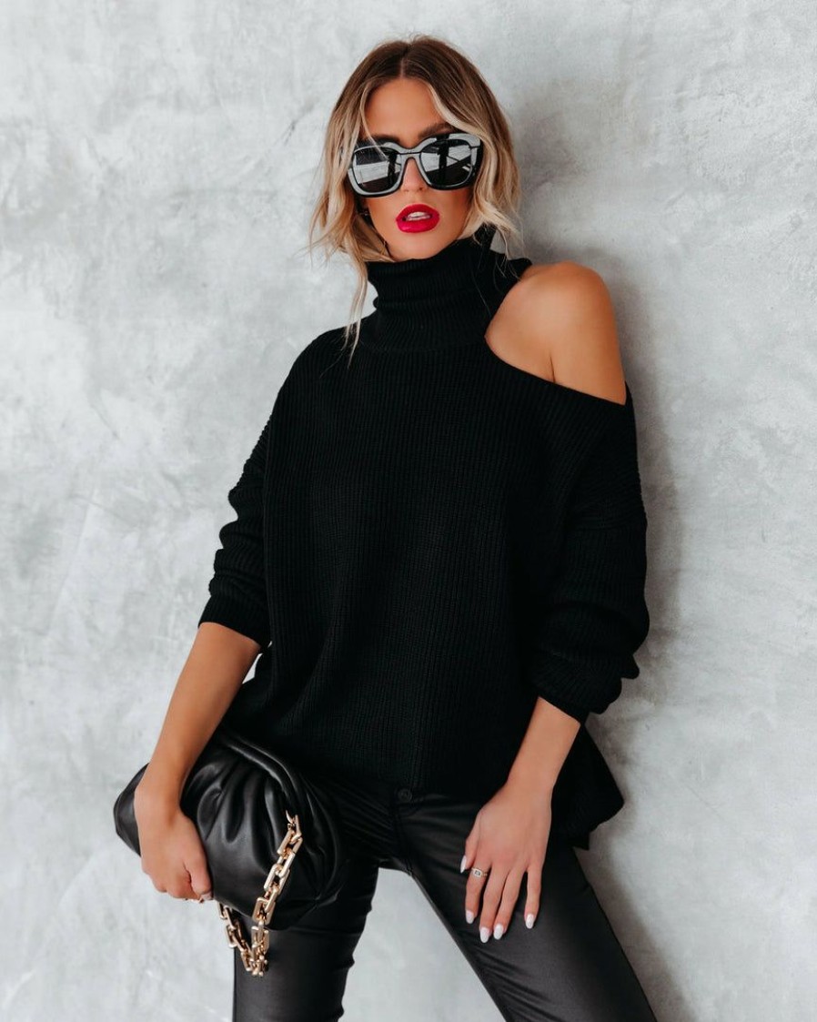 Clothing * | &Mer-001 Sweaters A La Mode Cutout Turtleneck Knit Sweater Black