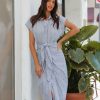 Clothing * | Do+B-001 Dresses Giovanna Cotton Striped Tie Front Midi Shirt Dress Denim