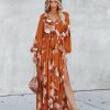 Clothing * | Oliv-001 Golden Leaves Floral Slit Maxi Dress Final Sale