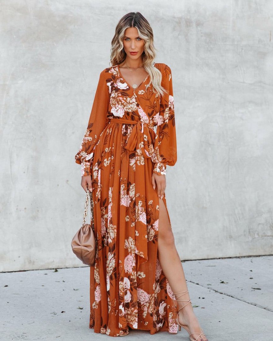 Clothing * | Oliv-001 Golden Leaves Floral Slit Maxi Dress Final Sale