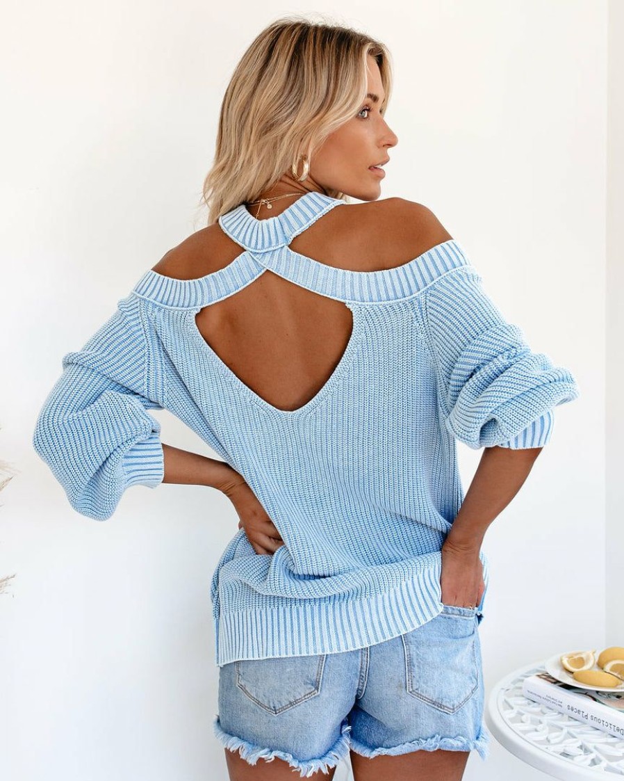 Clothing * | Fate-001 Cool Breeze Cotton Cold Shoulder Sweater Dusty Blue