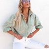 Clothing * | Entr-001 Jiana Distressed Denim Button Down Top Seafoam Final Sale The Denim Shop