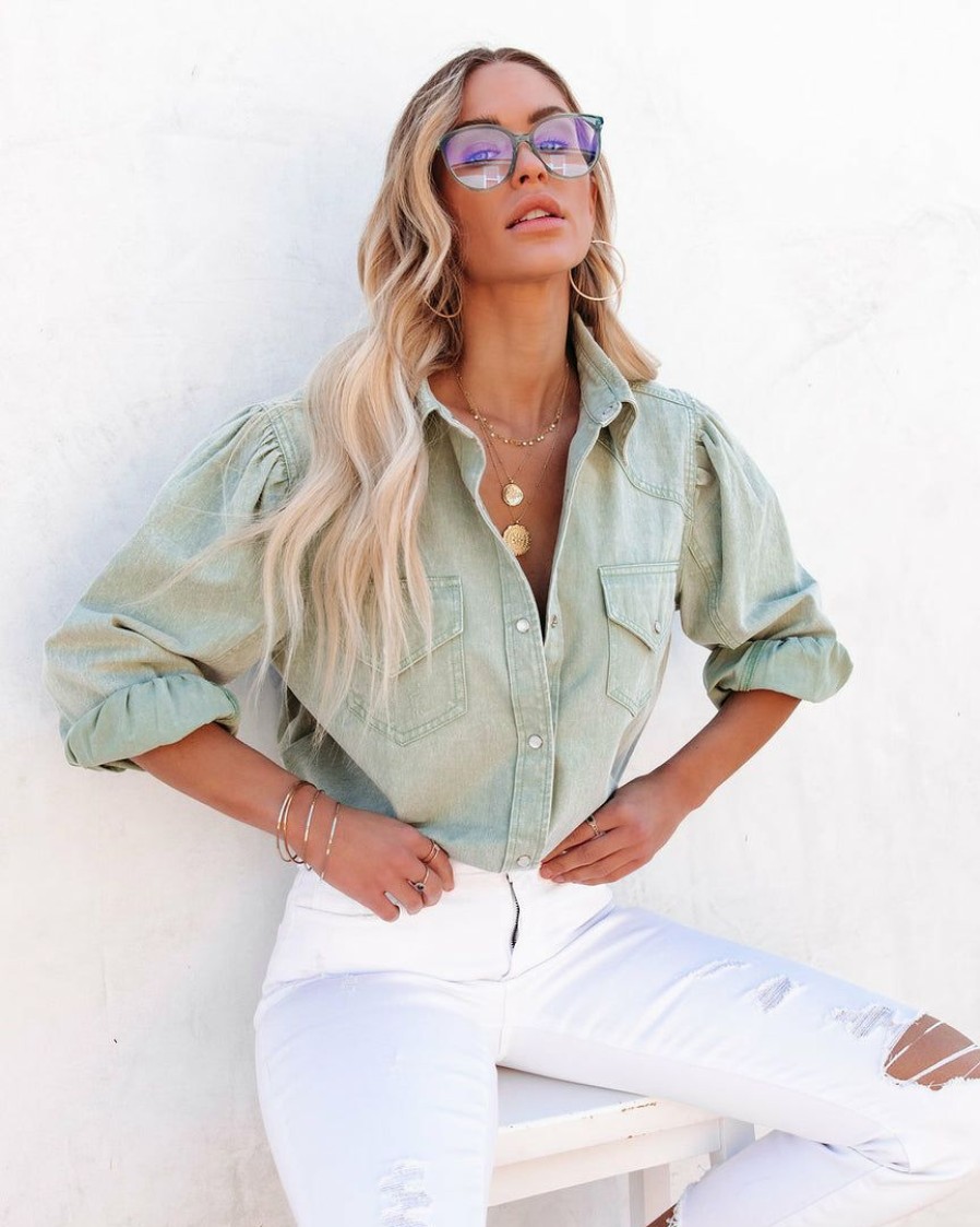 Clothing * | Entr-001 Jiana Distressed Denim Button Down Top Seafoam Final Sale The Denim Shop