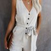 Clothing * | Dres-001 Garner Pocketed Button Down Tie Romper Natural Sunny Daze