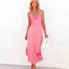 Clothing * | Aeom-001 Take Me To Miami Afternoons In Bordeaux Polkadot Satin Slip Dress Pink Final Sale