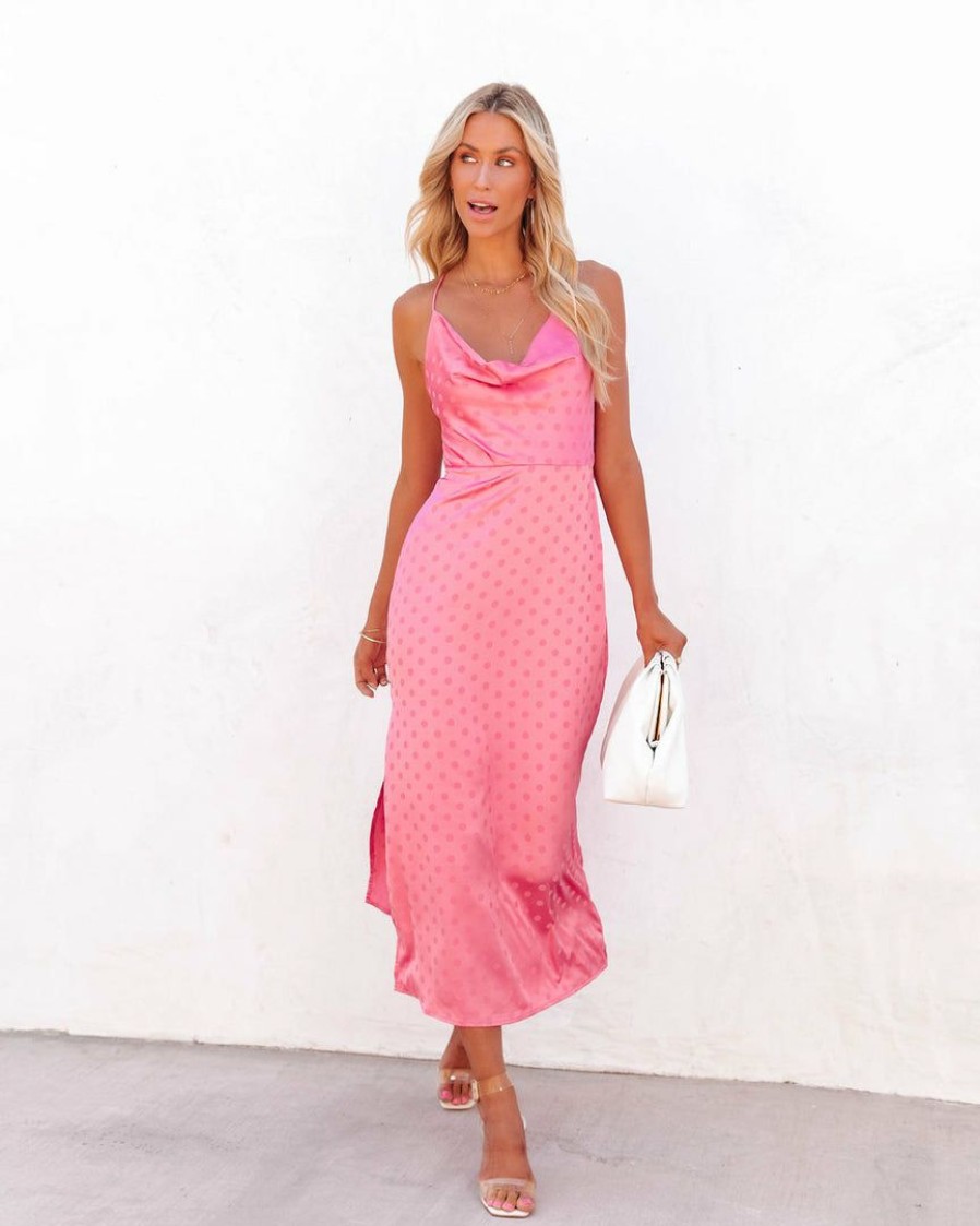 Clothing * | Aeom-001 Take Me To Miami Afternoons In Bordeaux Polkadot Satin Slip Dress Pink Final Sale