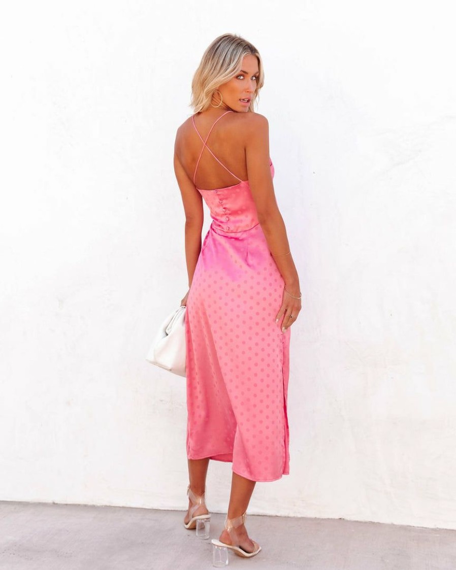 Clothing * | Aeom-001 Take Me To Miami Afternoons In Bordeaux Polkadot Satin Slip Dress Pink Final Sale