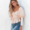 Clothing * | Fore-001 Date Night Out Soph Puff Sleeve Peplum Crop Top Beige Final Sale