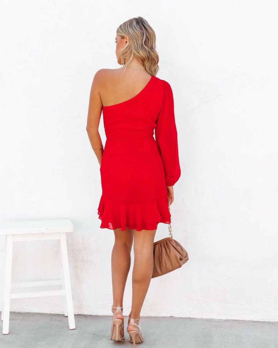 Clothing * | Flat-001 Siren One Shoulder Ruffle Mini Dress Red