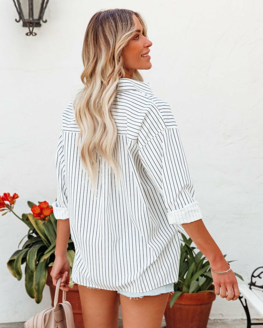 Clothing * | Aeom-001 Kendall Cotton Striped Button Down Top White Navy Final Sale