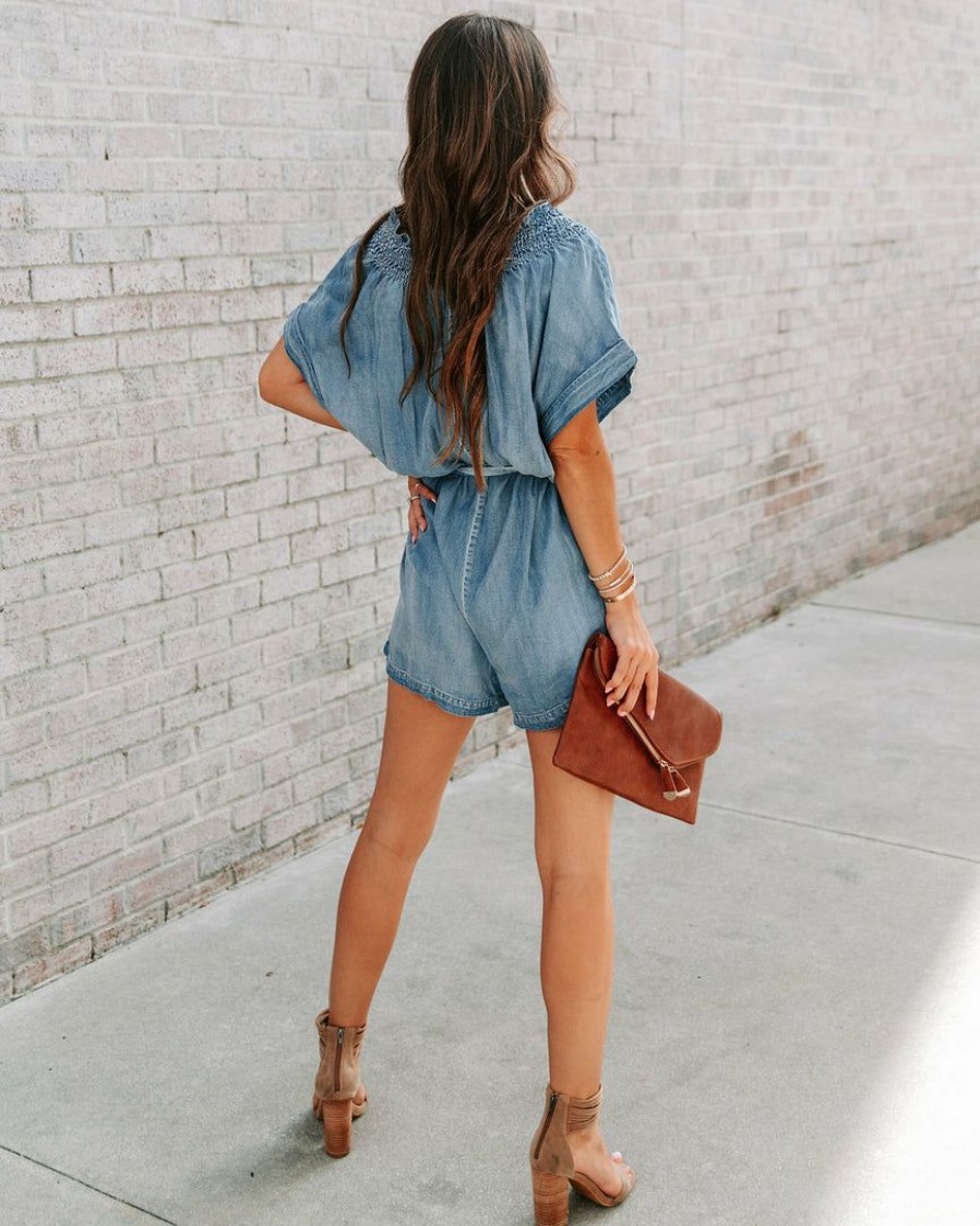 Clothing * | Must-001 Rompers + Jumpsuits Dhal Chambray Pocketed Romper