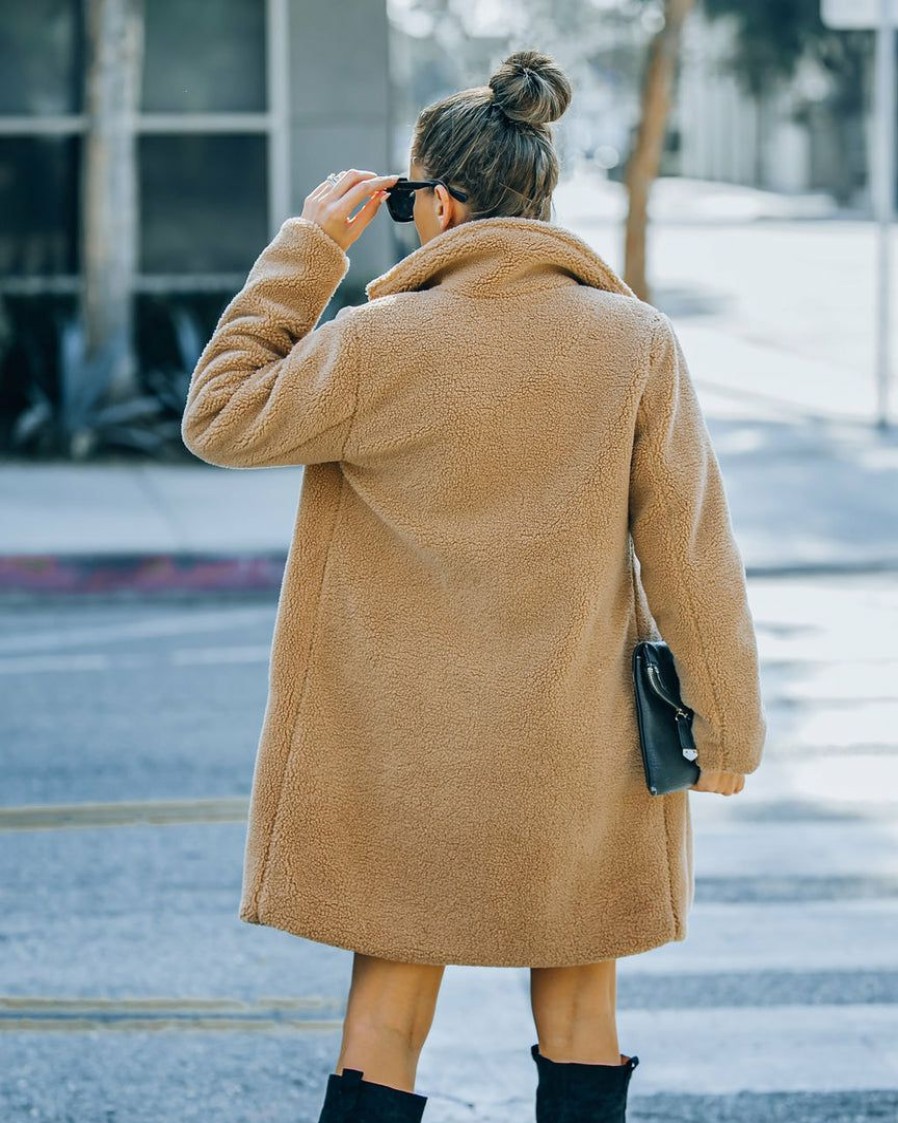 Clothing * | Skie-001 Mountain View Pocketed Teddy Coat Camel Coats & Jackets