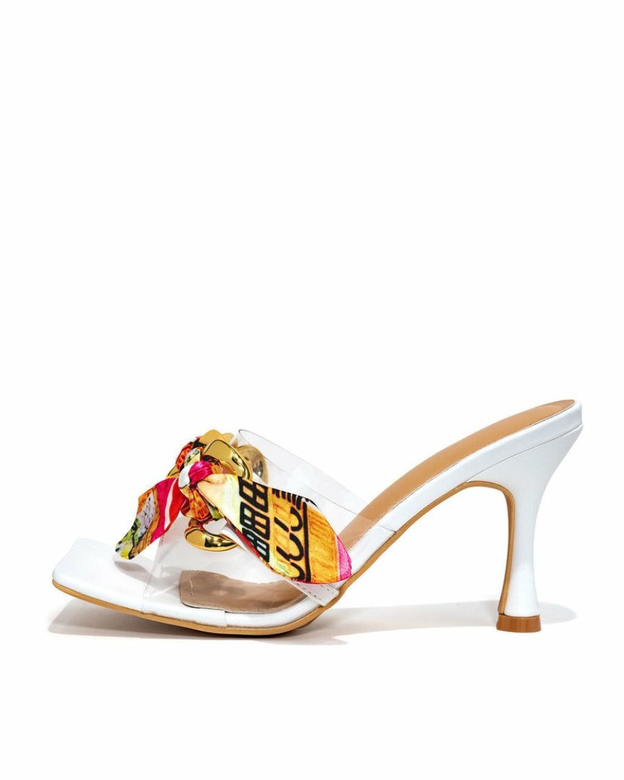 Shoes * | Cape-001 Moretti Scarf Chain Heeled Sandal White