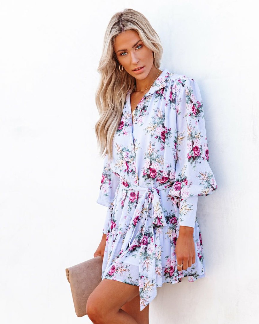 Clothing * | Fate-001 Bluebell Floral Chiffon Button Down Dress