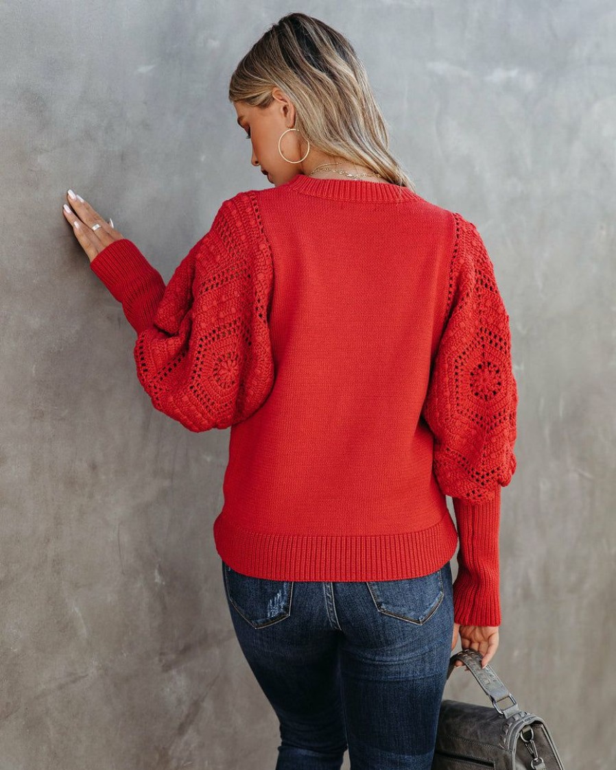 Clothing * | Fate-001 Sweaters Naveen Cotton Blend Crochet Sleeve Sweater Rust Final Sale