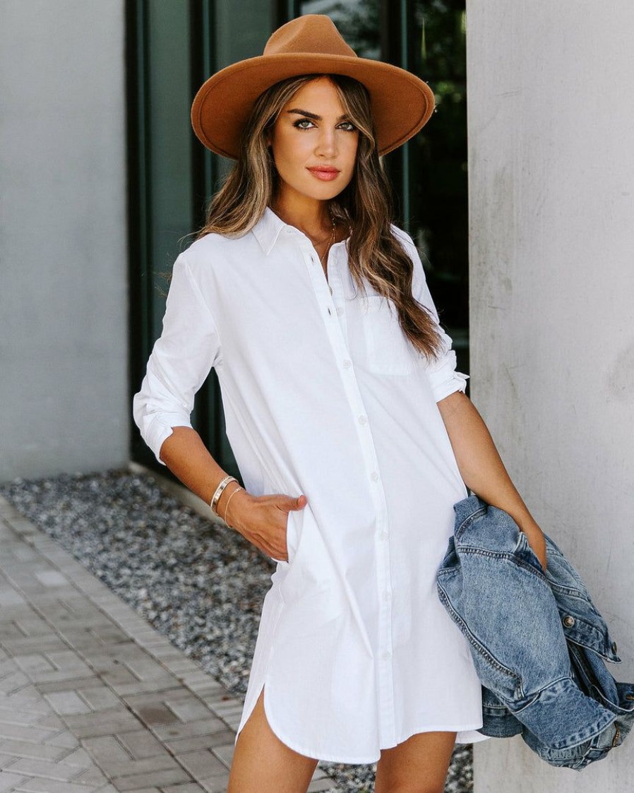 Clothing * | Flaw-001 Risky Business Pocketed Button Down Shirt Dress White Dresses