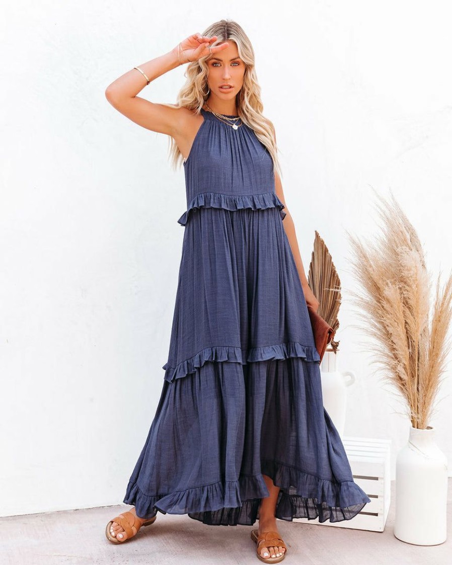 Clothing * | List-001 Brave Soul Pocketed Halter Maxi Dress Navy Bump Friendly