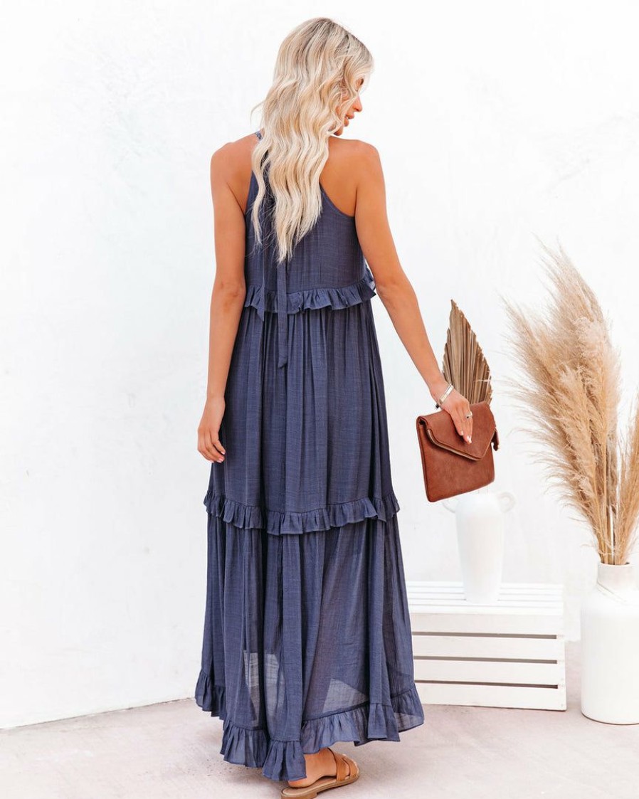 Clothing * | List-001 Brave Soul Pocketed Halter Maxi Dress Navy Bump Friendly