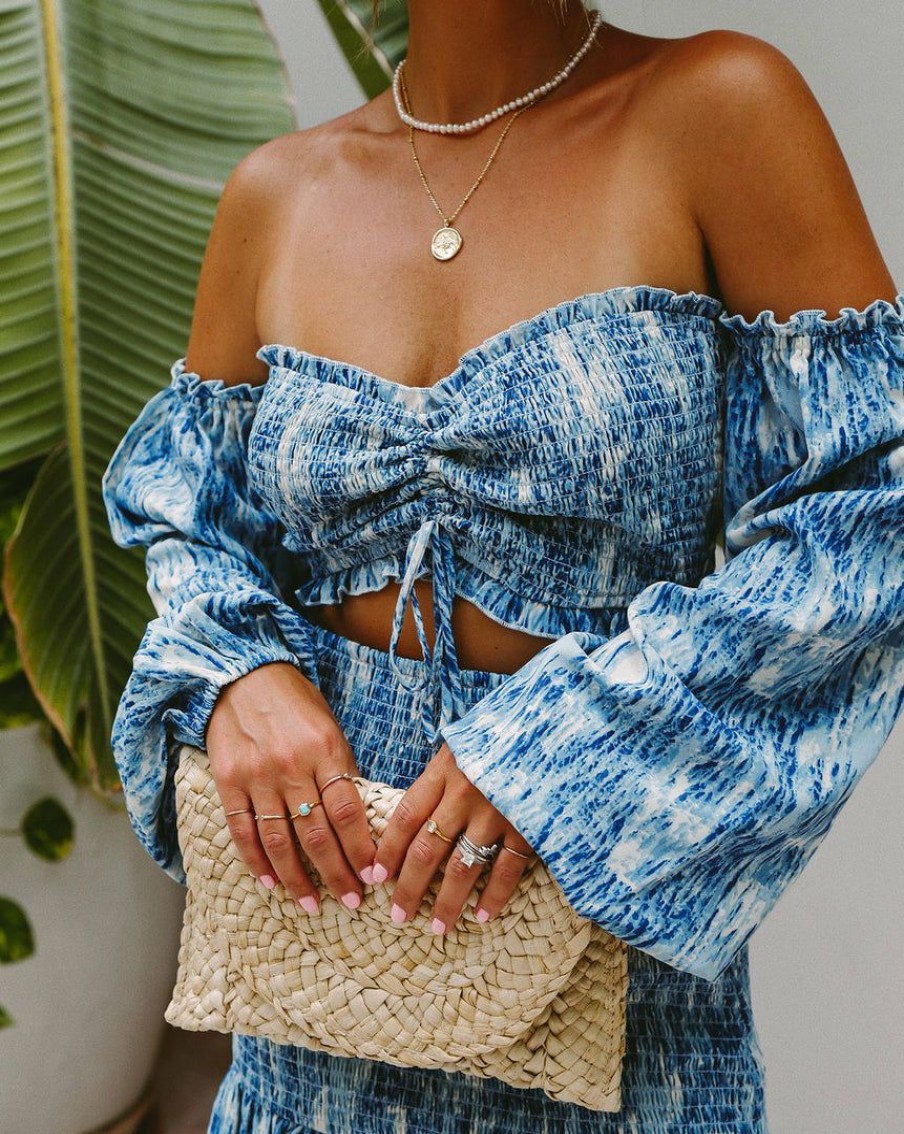 Clothing * | Acoa-001 Vici X Summerofdiane Blue Waves Off The Shoulder Smocked Crop Top