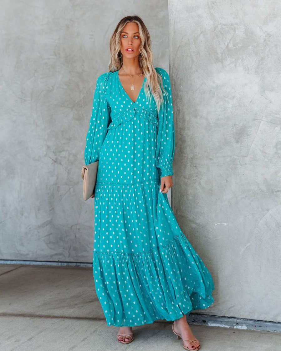 Clothing * | Enc-001 Odessa Metallic Detailed Maxi Dress Teal Flash Sale Guest Of Wedding