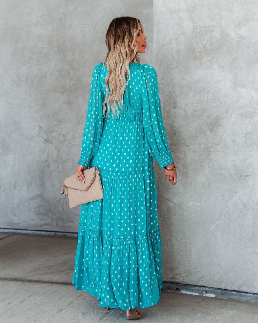 Clothing * | Enc-001 Odessa Metallic Detailed Maxi Dress Teal Flash Sale Guest Of Wedding