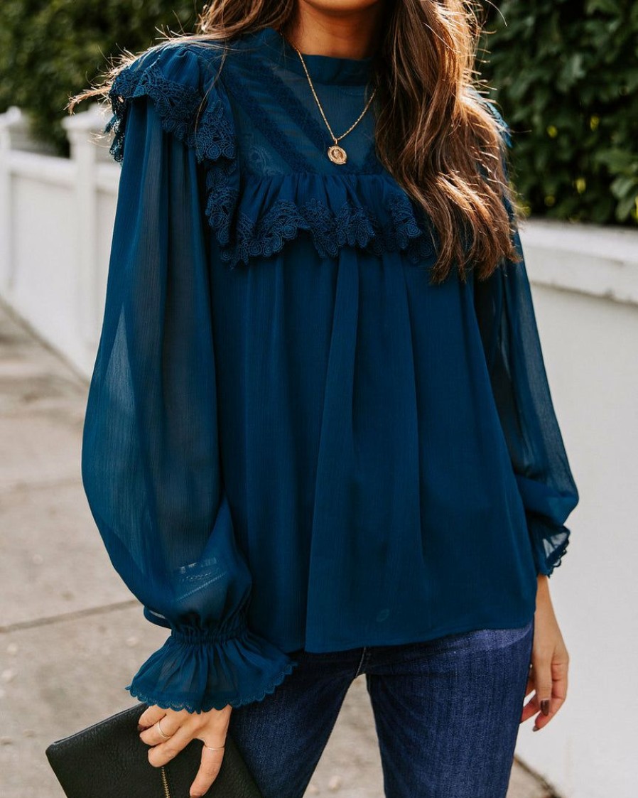 Clothing * | Aeom-001 Eleanora Crochet Ruffle Blouse Teal Final Sale