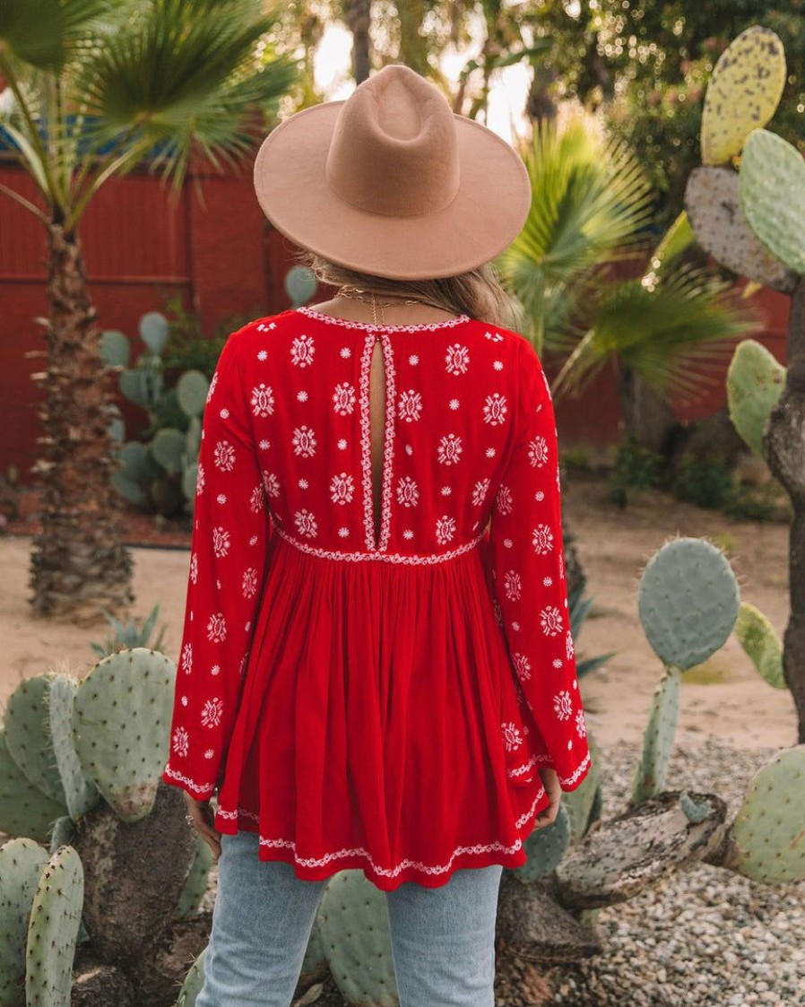 Clothing * | Fate-001 Roses And More Embroidered Tunic Red Flash Sale Take Me To Miami