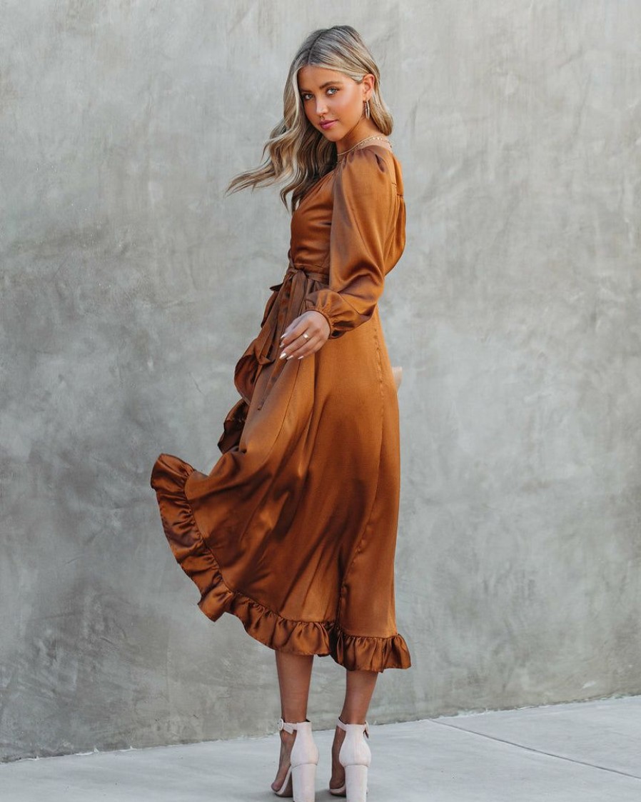 Clothing * | Dee-001 Jessy Satin Ruffle Wrap Midi Dress Copper Final Sale