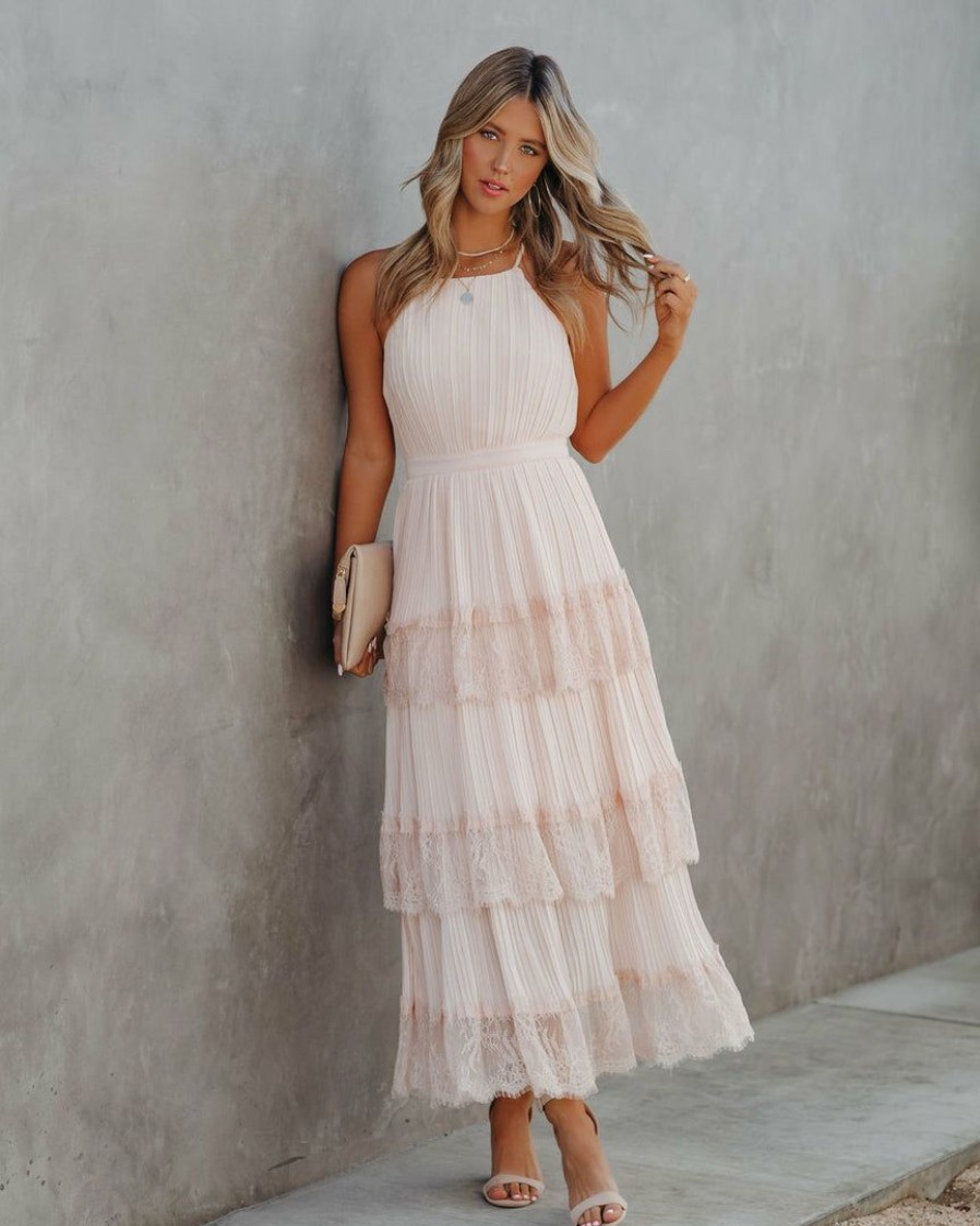 Clothing * | Just-001 Affection Pleated Tiered Lace Maxi Dress Blush