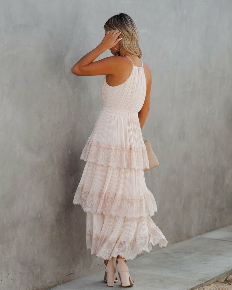 Clothing * | Just-001 Affection Pleated Tiered Lace Maxi Dress Blush