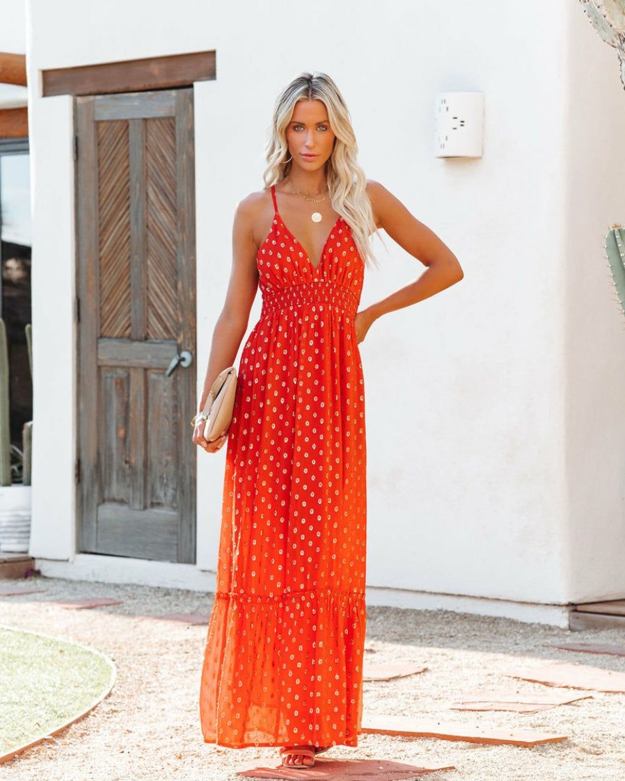 Clothing * | Enc-001 Evalyn Metallic Detailed Smocked Maxi Dress Rust Final Sale Bump Friendly