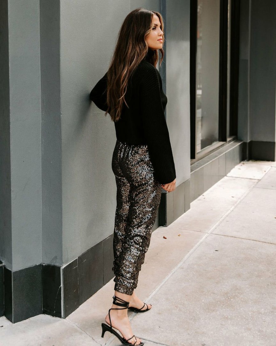 Clothing * | On T-001 Ziah Pocketed Sequin Joggers Black Final Sale Bottoms