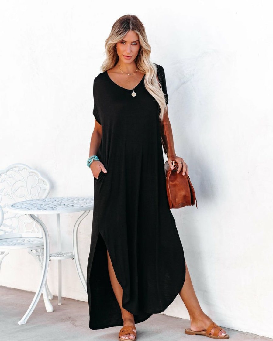 Clothing * | Vani-001 The Vacation Shop Farmers Market Pocketed Modal Maxi Dress Black Final Sale