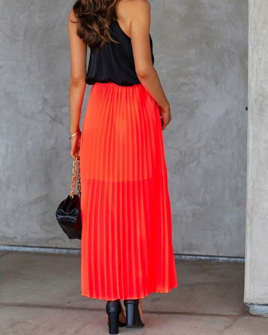 Clothing * | Skie-001 Glowing Love Pleated Maxi Skirt Neon Orange Take Me To Miami