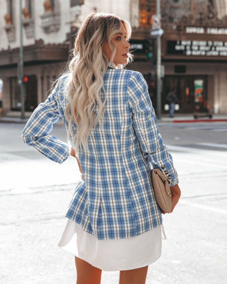 Clothing * | Fore-001 Fava Pocketed Plaid Blazer Blue Final Sale