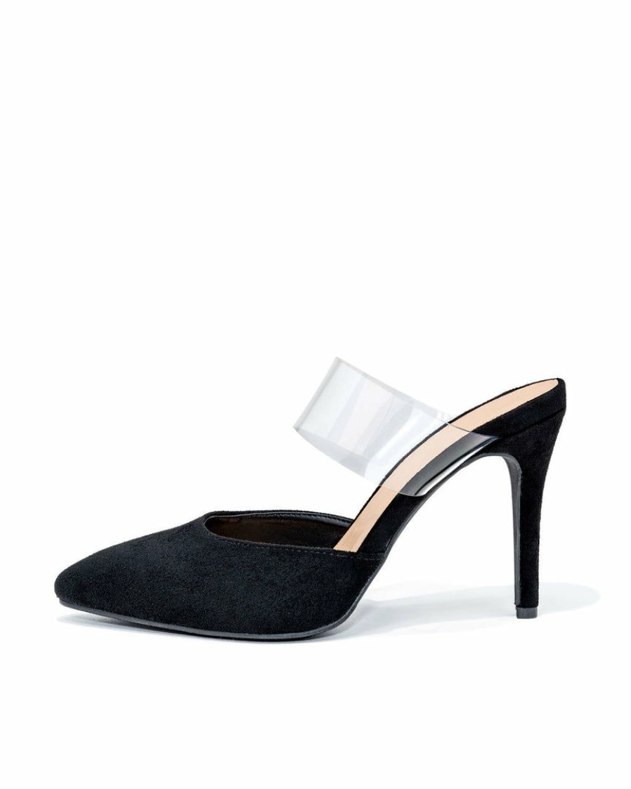 Shoes * | Shu -001 Joi Clear Strap Faux Suede Pointed Heel Black Final Sale