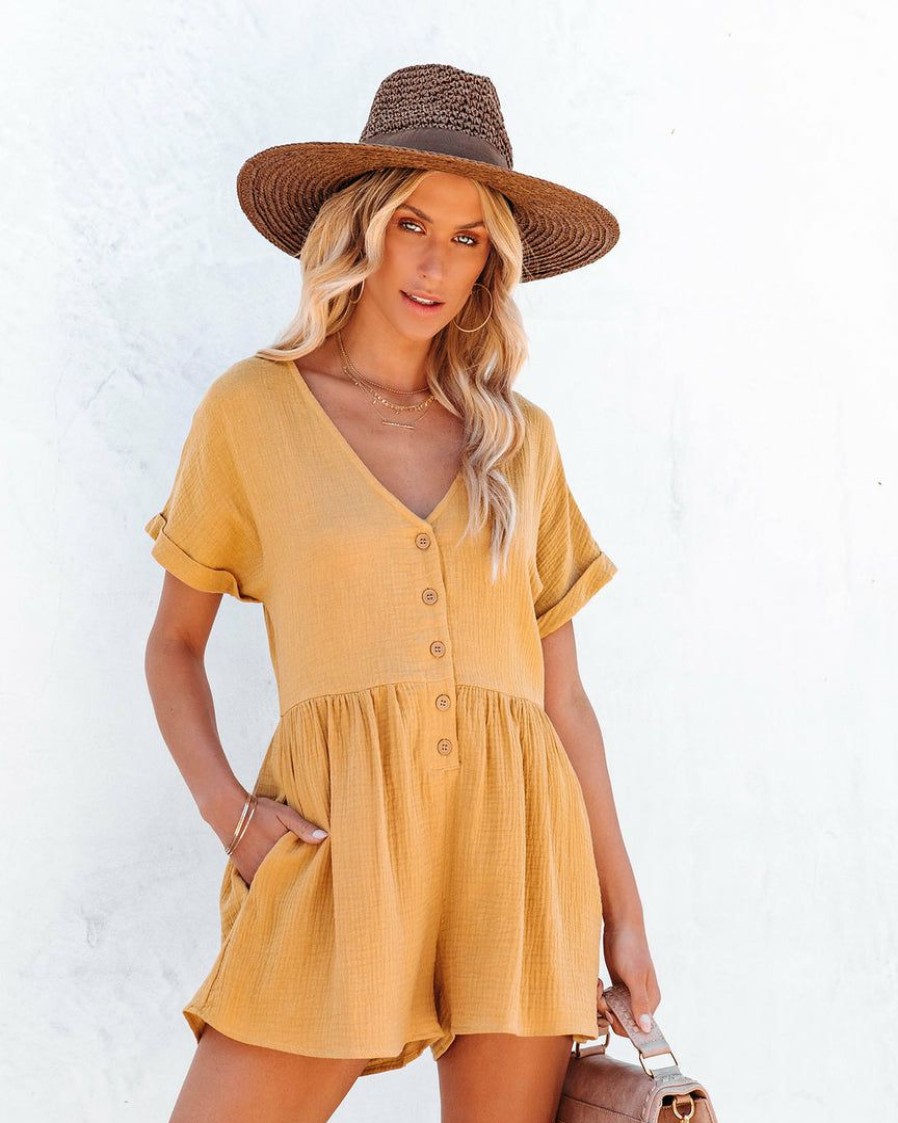 Clothing * | Lush-001 Manuka Cotton Pocketed Romper Mustard Sunny Daze