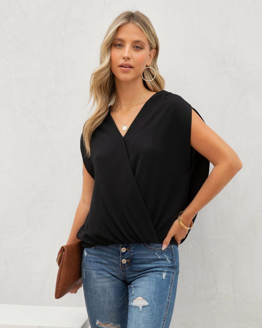 Clothing * | Tych-001 Thankful Babes Draped Short Sleeve Blouse Black Take Me To Miami