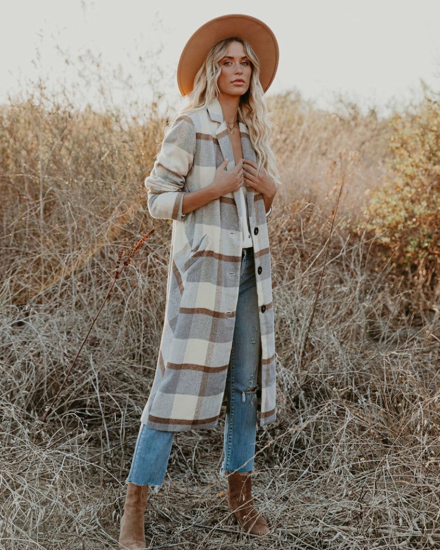 Clothing * | Prom-001 Alanis Pocketed Plaid Coat Coats & Jackets