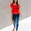 Clothing * | Tcec-001 Carley Cotton Puff Sleeve Peplum Top Red Final Sale