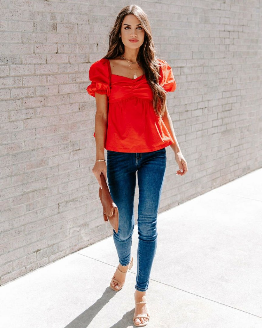 Clothing * | Tcec-001 Carley Cotton Puff Sleeve Peplum Top Red Final Sale