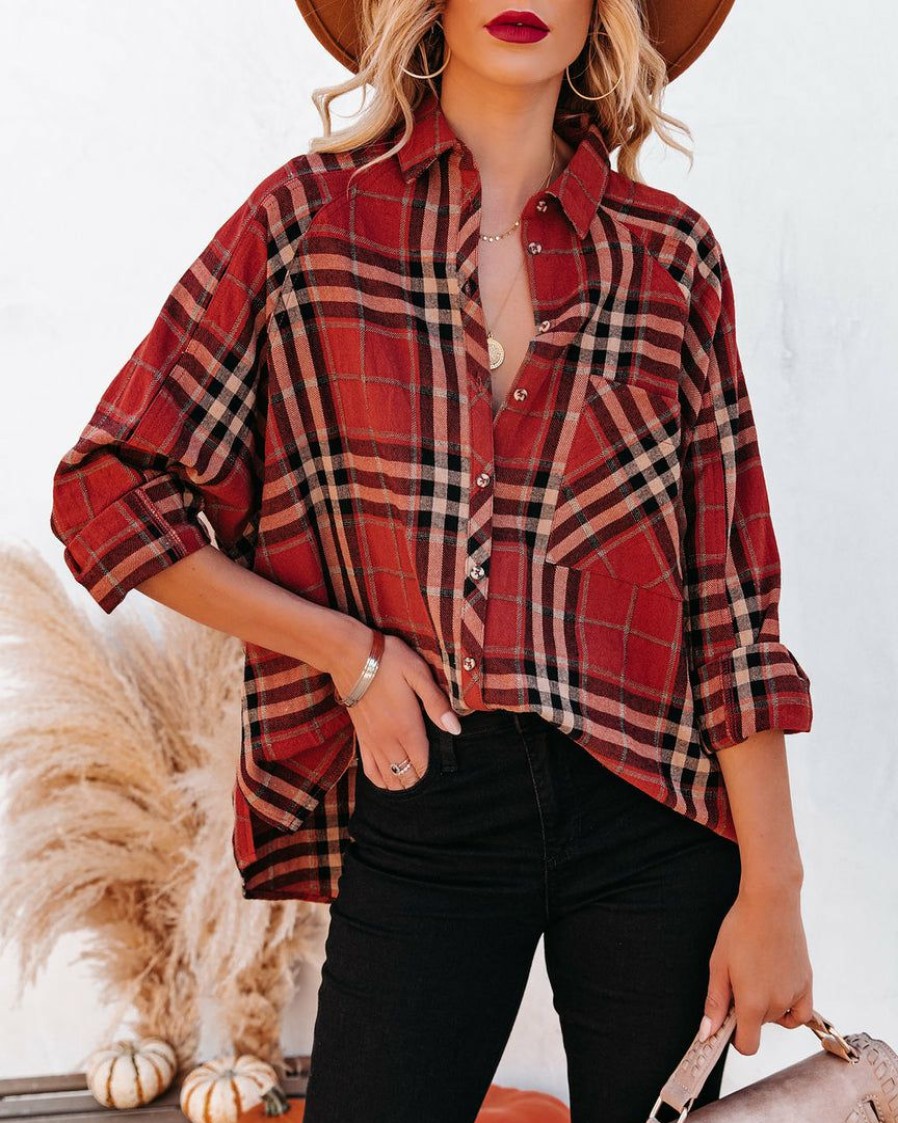 Clothing * | Flaw-001 Antonio Cotton Linen Plaid Button Down Top Flash Sale Tops