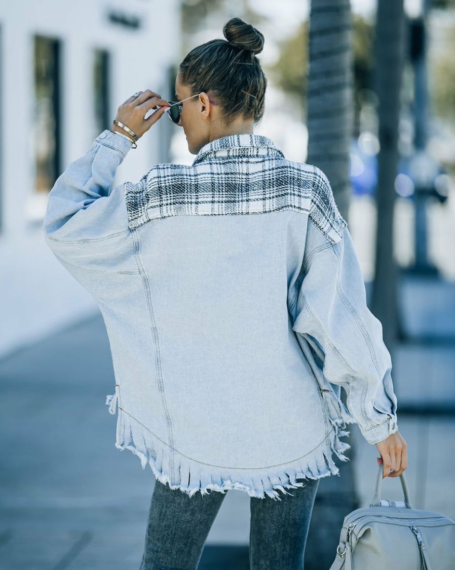 Clothing * | Danc-001 Kaylyn Contrast Plaid Frayed Denim Shacket Final Sale