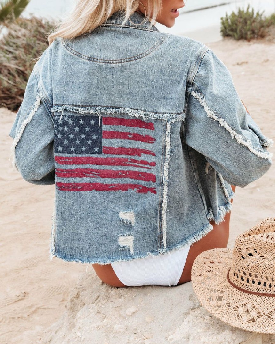 Clothing * | Pol-001 American Flag Distressed Cotton Denim Jacket Final Sale Coats & Jackets