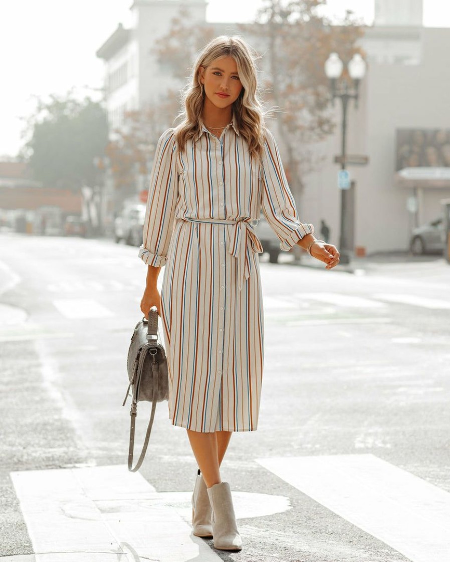 Clothing * | Skie-001 Glinda Striped Satin Midi Shirt Dress Final Sale Dresses