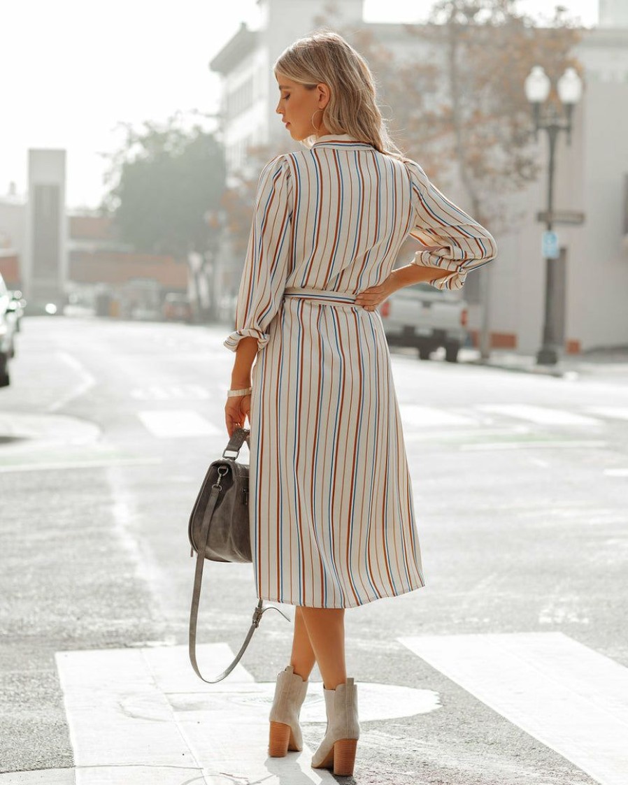 Clothing * | Skie-001 Glinda Striped Satin Midi Shirt Dress Final Sale Dresses