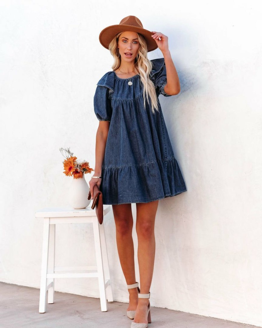 Clothing * | Salt-001 Luis Cotton Puff Sleeve Babydoll Dress Dark Wash Final Sale