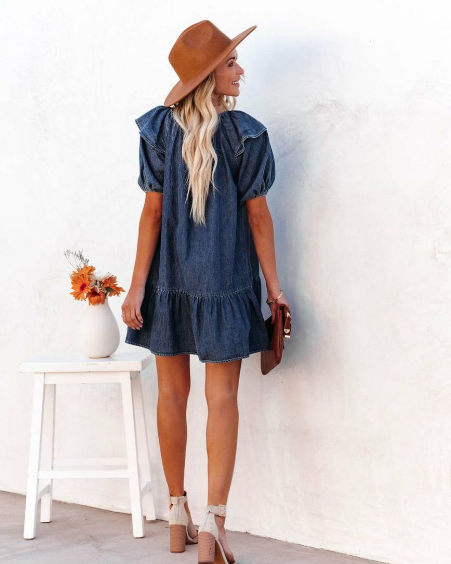 Clothing * | Salt-001 Luis Cotton Puff Sleeve Babydoll Dress Dark Wash Final Sale