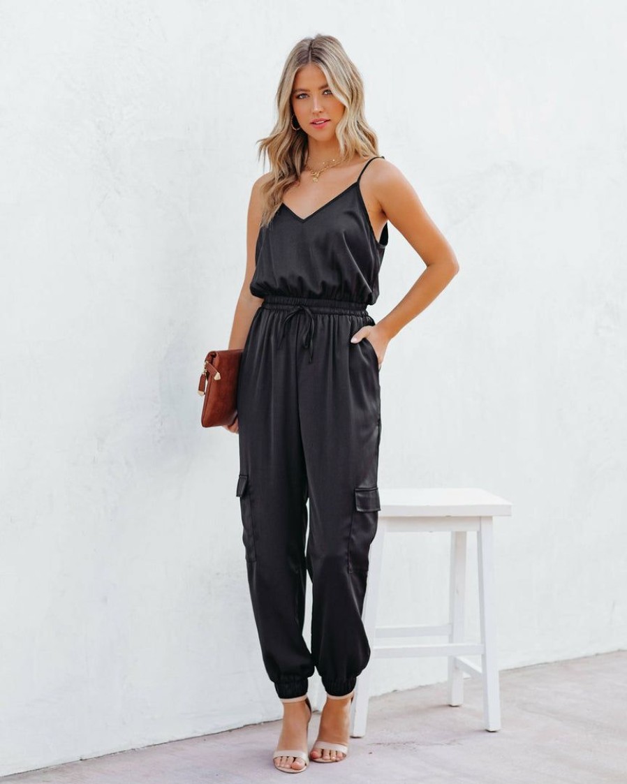 Clothing * | Stru-001 Quince Pocketed Satin Utility Jumpsuit Black