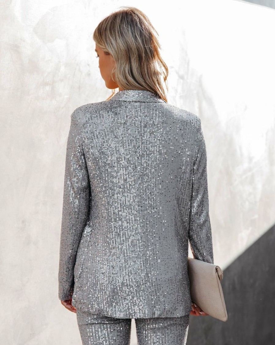 Clothing * | On T-001 Vici Exclusives Festive Flair Pocketed Sequin Blazer Silver Final Sale